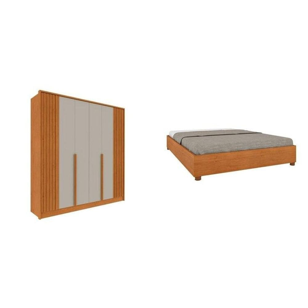 Quarto Casal Guarda-Roupa 6 portas Ripado Nova York e Cama Box Queen Mônaco com Cabeceira Ajustável Cinamomo/Off White