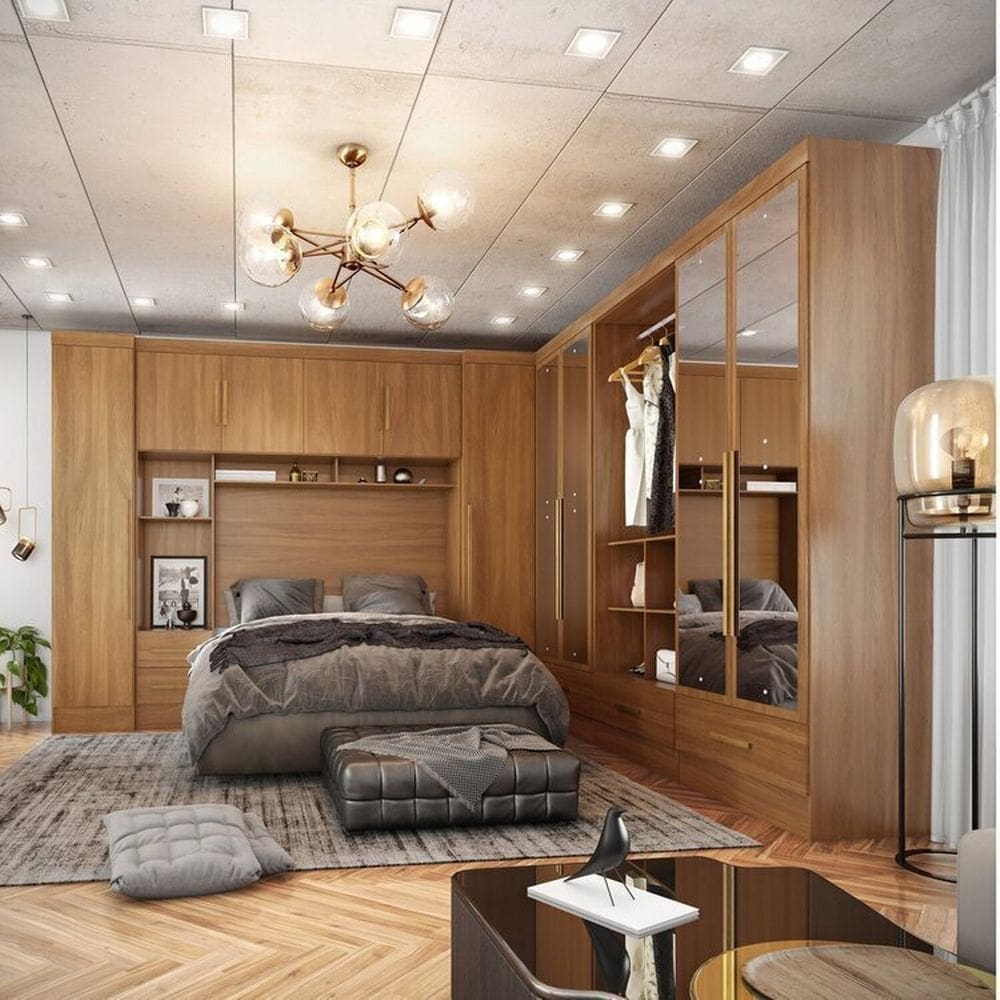 Quarto Modulado Casal Completo 6 Peças 6 Portas 5 Gavetas com Maleiro e Espelhos Smart Plus Cinamomo