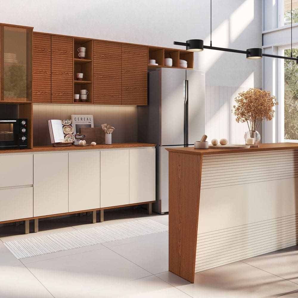 Cozinha Completa Modulada com Bancada Gourmet 100% MDF Canela/Off White
