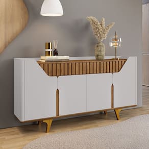 Aparador Buffet Portas em MDF Ripado Real Pés de Madeira Maciça Danúbio Off-White/Cinamomo