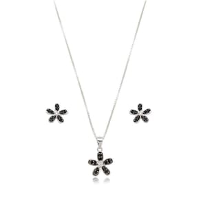 Conjunto Colar E Brincos Flor Zircônio Negra Prata 925