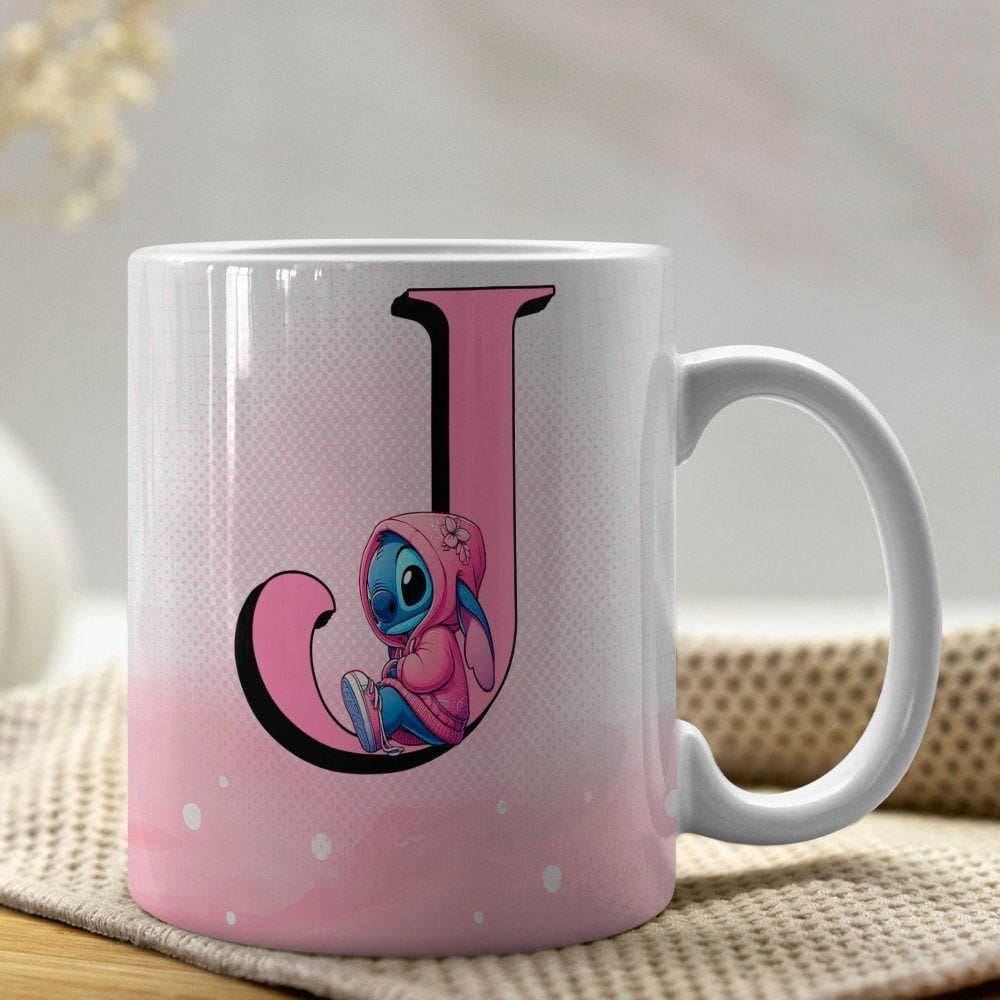 Caneca De Porcelana Stitch Letras A-z 325ml Rosa J