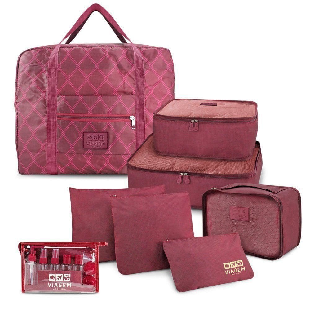 Kit Organizador De Malas 6 Peças + Bolsa Dobrável + Frascos De Viagem 10 Peças Vinho