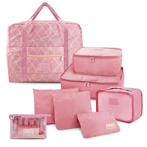 Kit Organizador De Malas 6 Peças + Bolsa Dobrável + Frascos De Viagem 10 Peças Rosa
