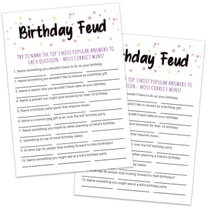 Cartões de jogo Birthday Feud Sirjiera para festa de aniversário de adultos