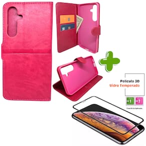 Kit Capa Carteira Compatível c/ Samsung S24 FE + Película 3D