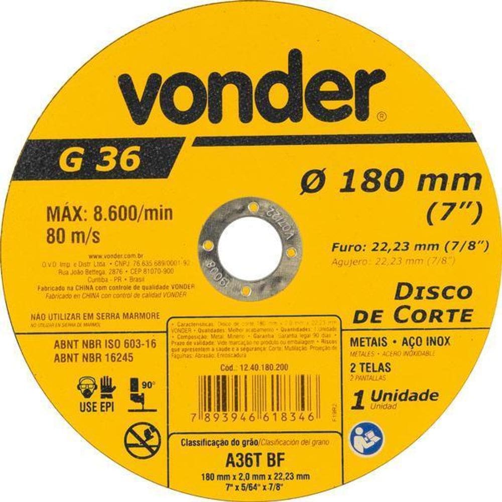 Disco De Corte 180,0X2,0X22,23 Vonder
