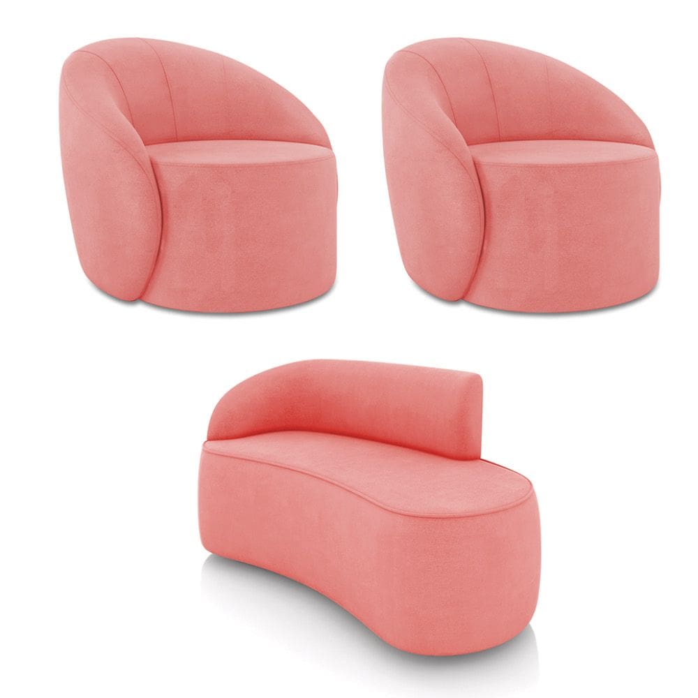 Sofá 2 Lugares Orgânico 140cm Morgan e 2 Poltronas Lua Suede Rosê D03 - D`Rossi