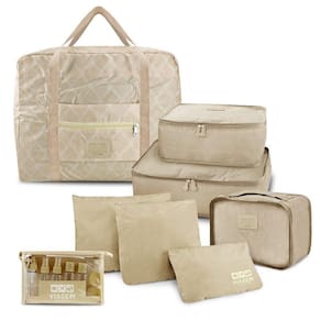 Kit Organizador De Malas 6 Peças + Bolsa Dobrável + Frascos De Viagem 10 Peças Bege