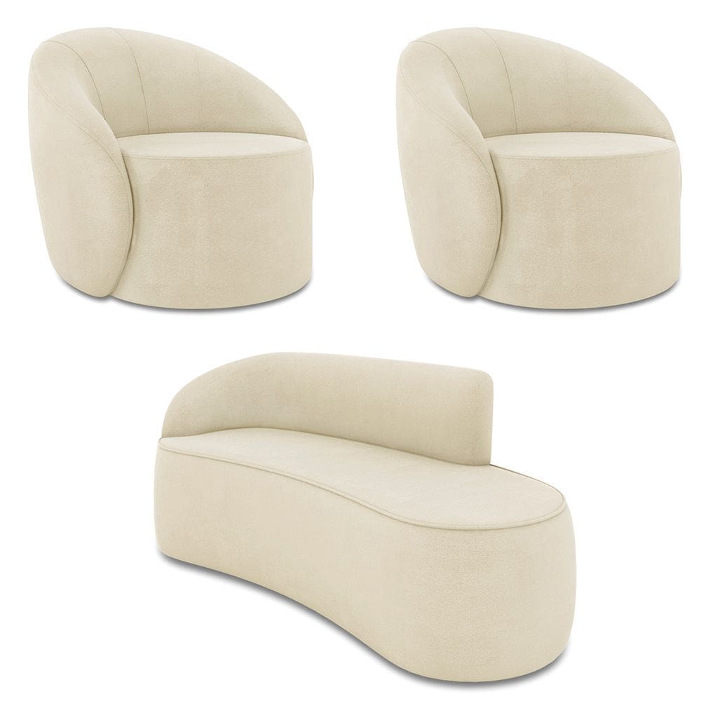 Sofá 3 Lugares Orgânico 180cm Morgan e 2 Poltronas Lua Suede Bege D03 - D`Rossi