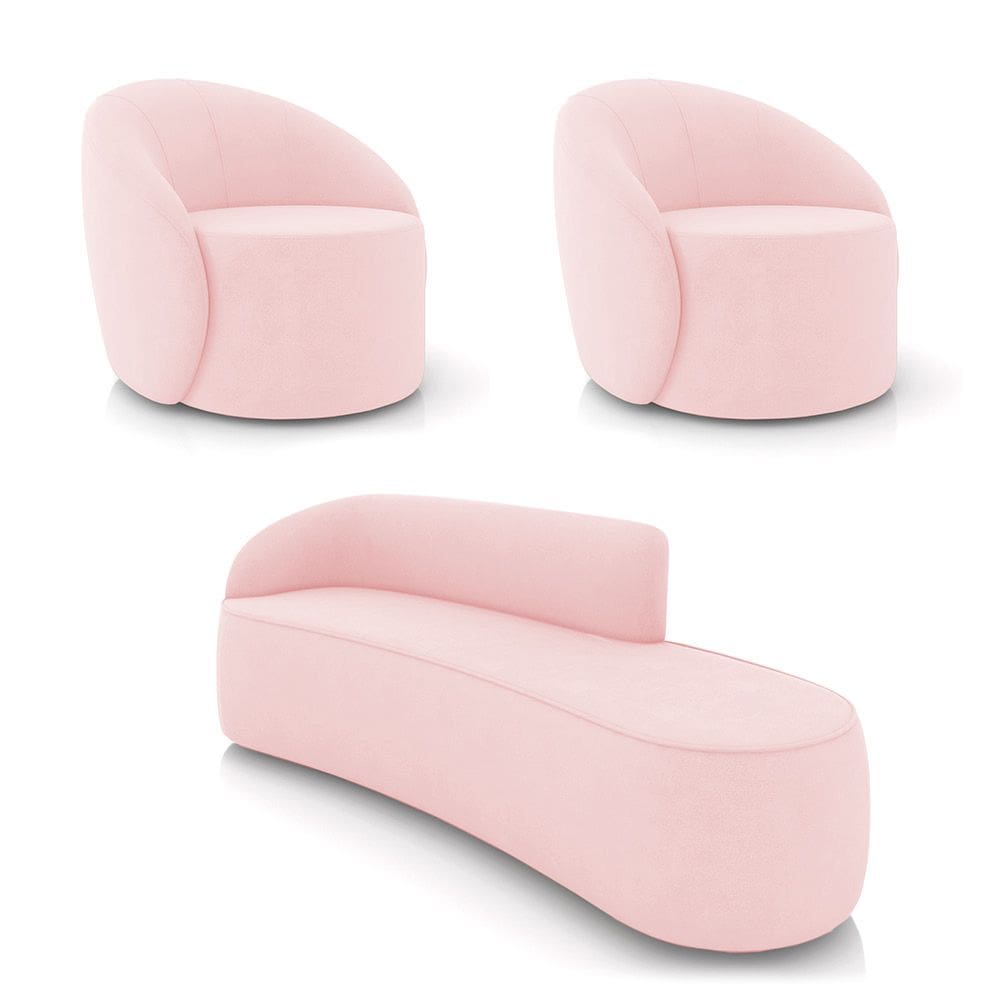 Sofá 4 Lugares Orgânico 220cm Morgan e 2 Poltronas Lua Suede Rosa Bebê D03 - D`Rossi