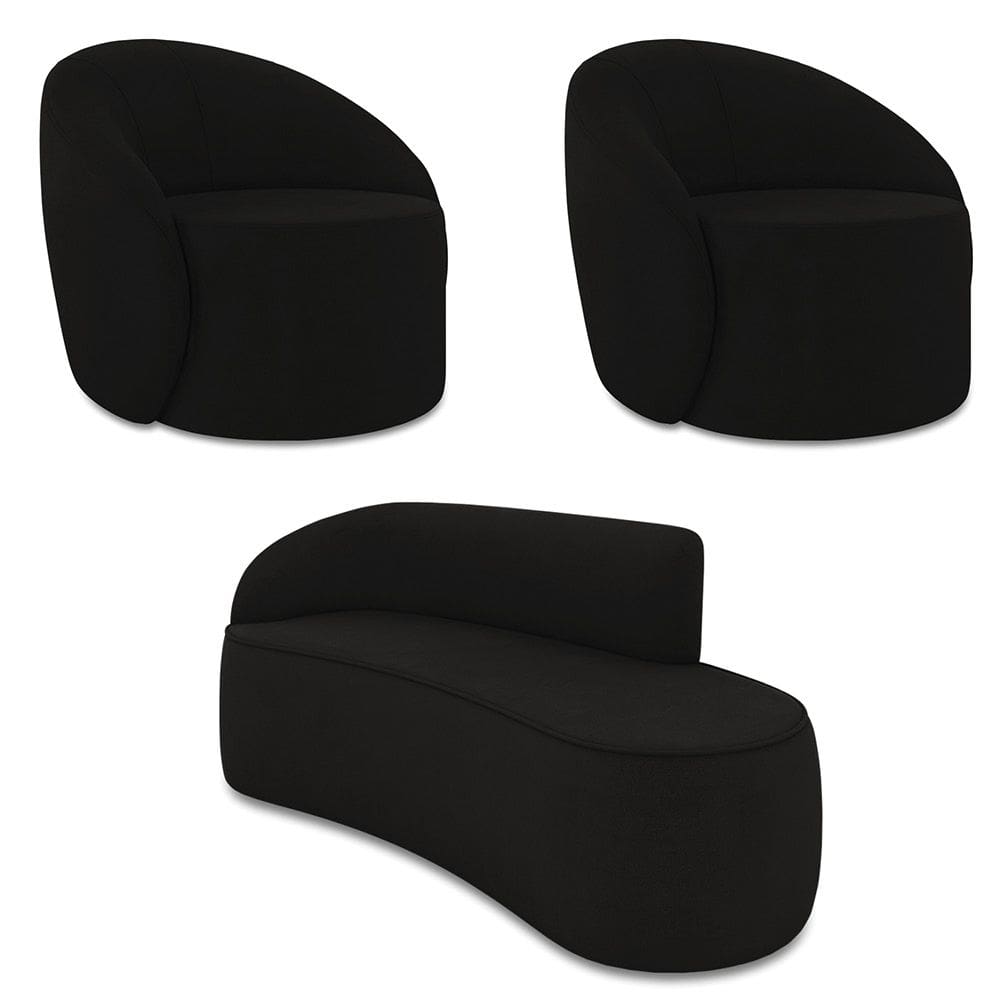 Sofá 3 Lugares Orgânico 180cm Morgan e 2 Poltronas Lua Suede Preto D03 - D`Rossi