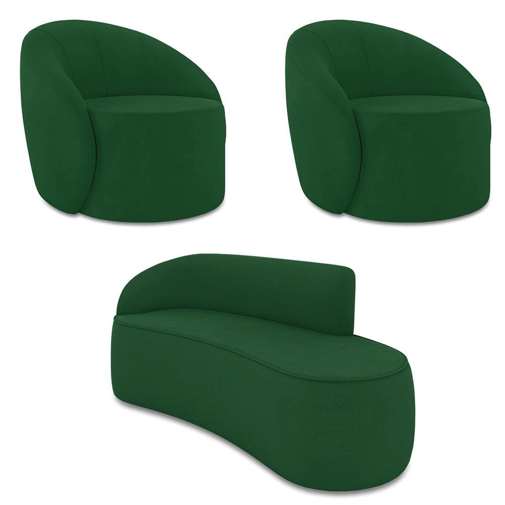 Sofá 3 Lugares Orgânico 180cm Morgan e 2 Poltronas Lua Suede Verde D03 - D`Rossi