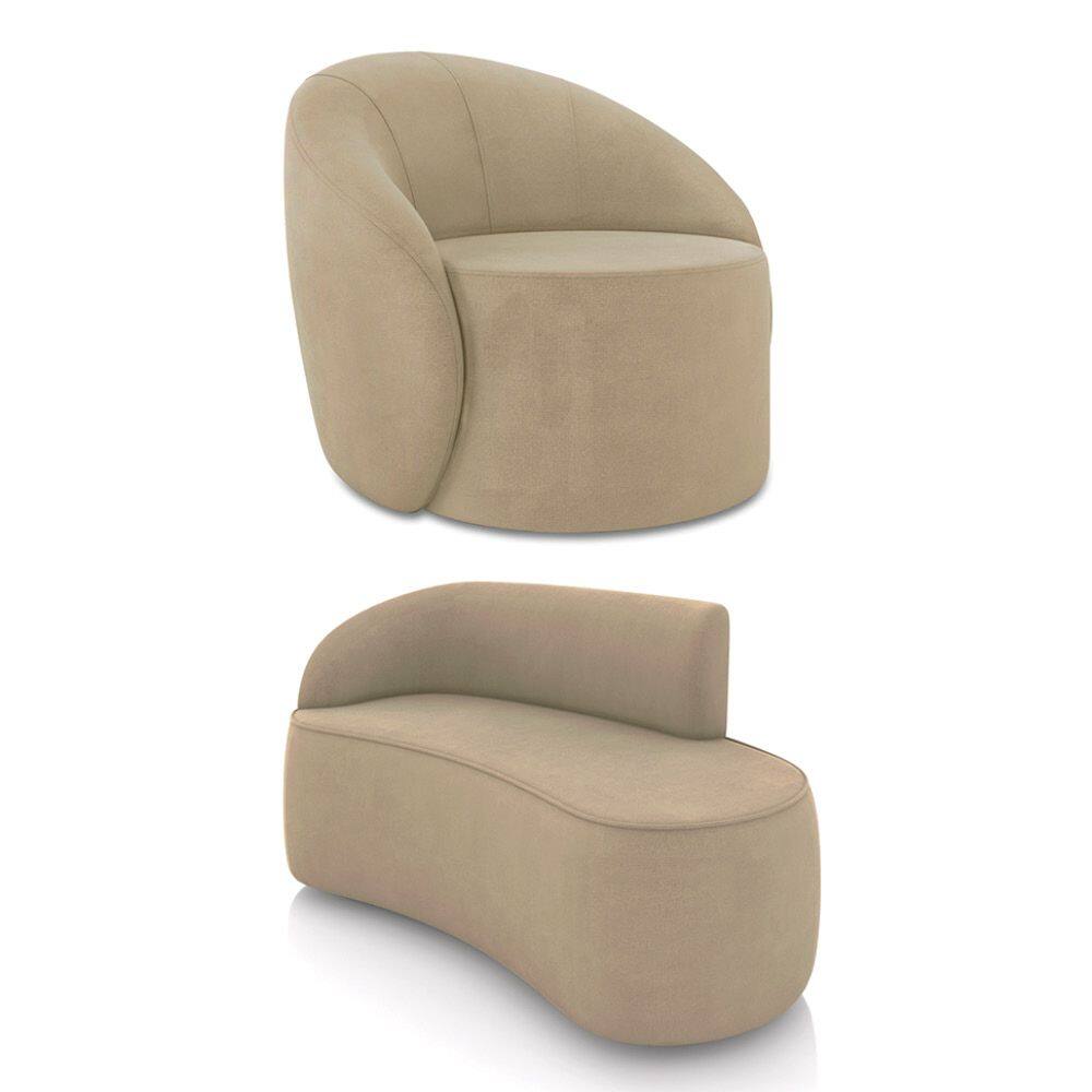 Sofá 2 Lugares Orgânico 140cm Morgan e Poltrona Lua Suede Marrom Rato D03 - D`Rossi