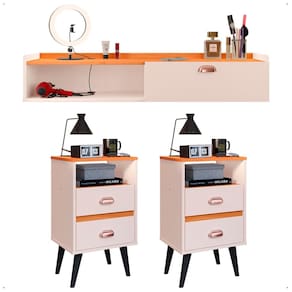 Kit Quarto 2 Mesas Cabeceira Classic Pés Palito Retrô Penteadeira Suspensa Decor Camarim Puxador Concha Off White/Cinamomo - Lojas RPM