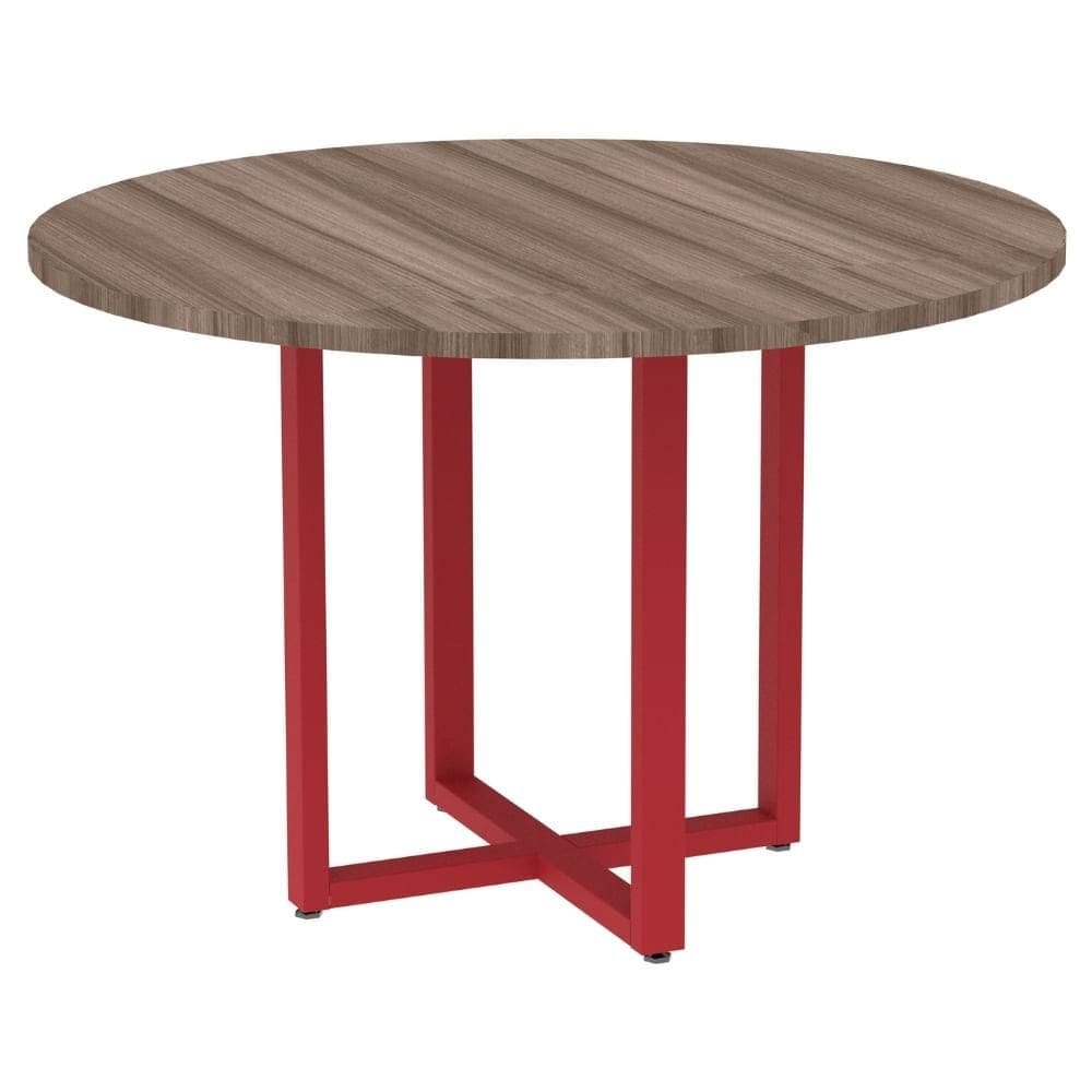Mesa de Reunião Redonda P25 Pandin 110 cm (Largura) Tampo MDP Walnut Pé Aço Tubular Vermelho
