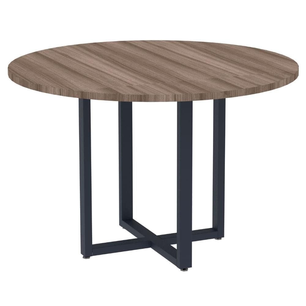 Mesa de Reunião Redonda P25 Pandin 110 cm (Largura) Tampo MDP Walnut Pé Aço Tubular Azul Del Rey