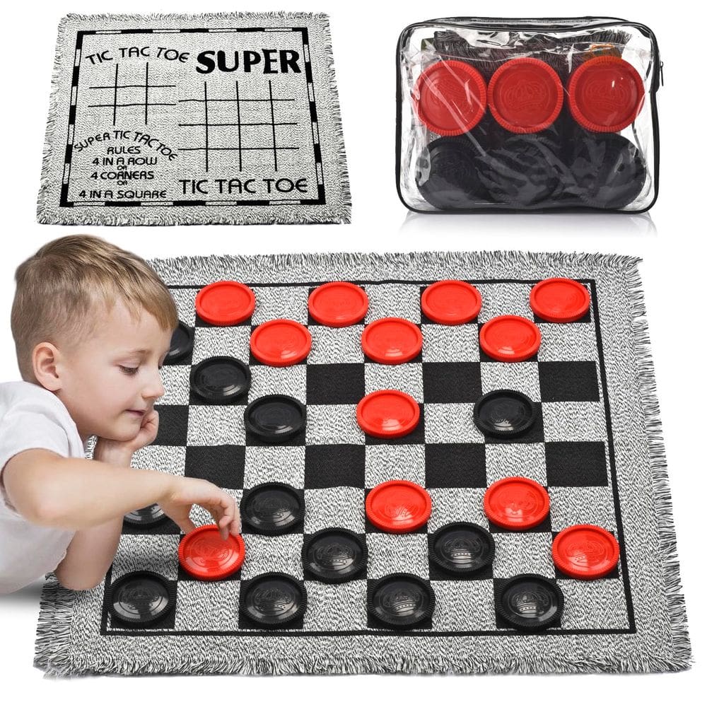 Conjunto de jogos de tabuleiro Giant Checkers QuadPro 3 em 1 com tapete
