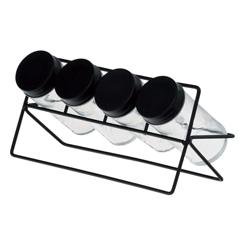 Conjunto 4 Potes De Vidro Para Temperos E Suporte Em Metal Preto 1172 - Lyor