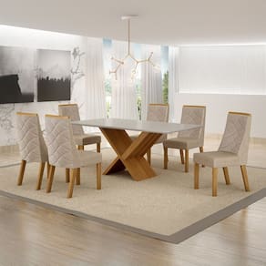 Conjunto Sala de Jantar Mesa 180cm Tampo de 2,5cm com 6 Cadeiras Aurora Cinamomo/Off White/Bege Linho