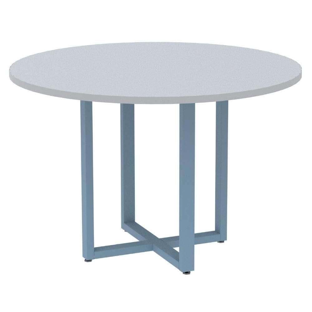 Mesa de Reunião Redonda P25 Pandin 110 cm (Largura) Tampo MDP Cinza Pé Aço Tubular Azul Dali