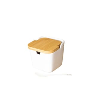 Saleiro De Mesa De Ceramica Com Tampa De Madeira E Colher Bianco 9cm X 9cm X 8,5cm 5774- Lyor