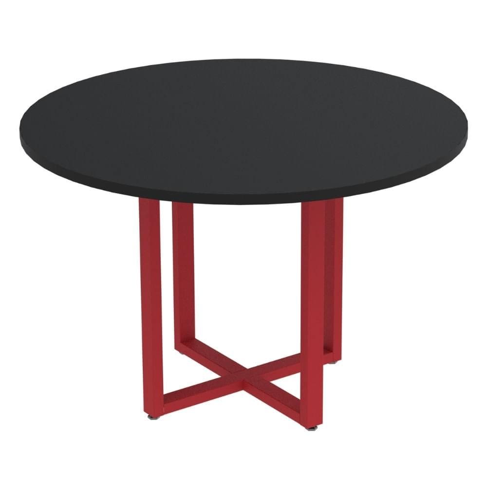 Mesa de Reunião Redonda P25 Pandin 110 cm (Largura) Tampo MDP Preto Pé Aço Tubular Vermelho