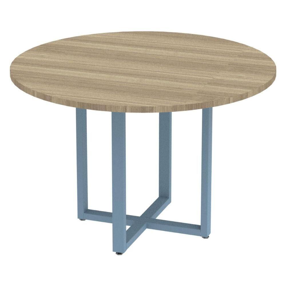 Mesa de Reunião Redonda P25 Pandin 110 cm (Largura) Tampo MDP Noce Naturalle Pé Aço Tubular Azul Da