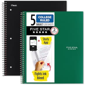 Cadernos espirais Five Star 5 Subject College Ruled, pacote com 2