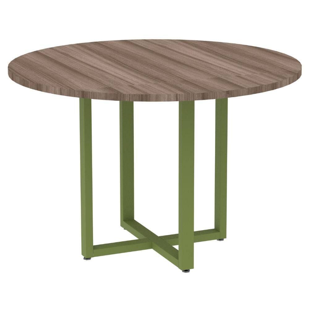 Mesa de Reunião Redonda P25 Pandin 110 cm (Largura) Tampo MDP Walnut Pé Aço Tubular Verde Mirô