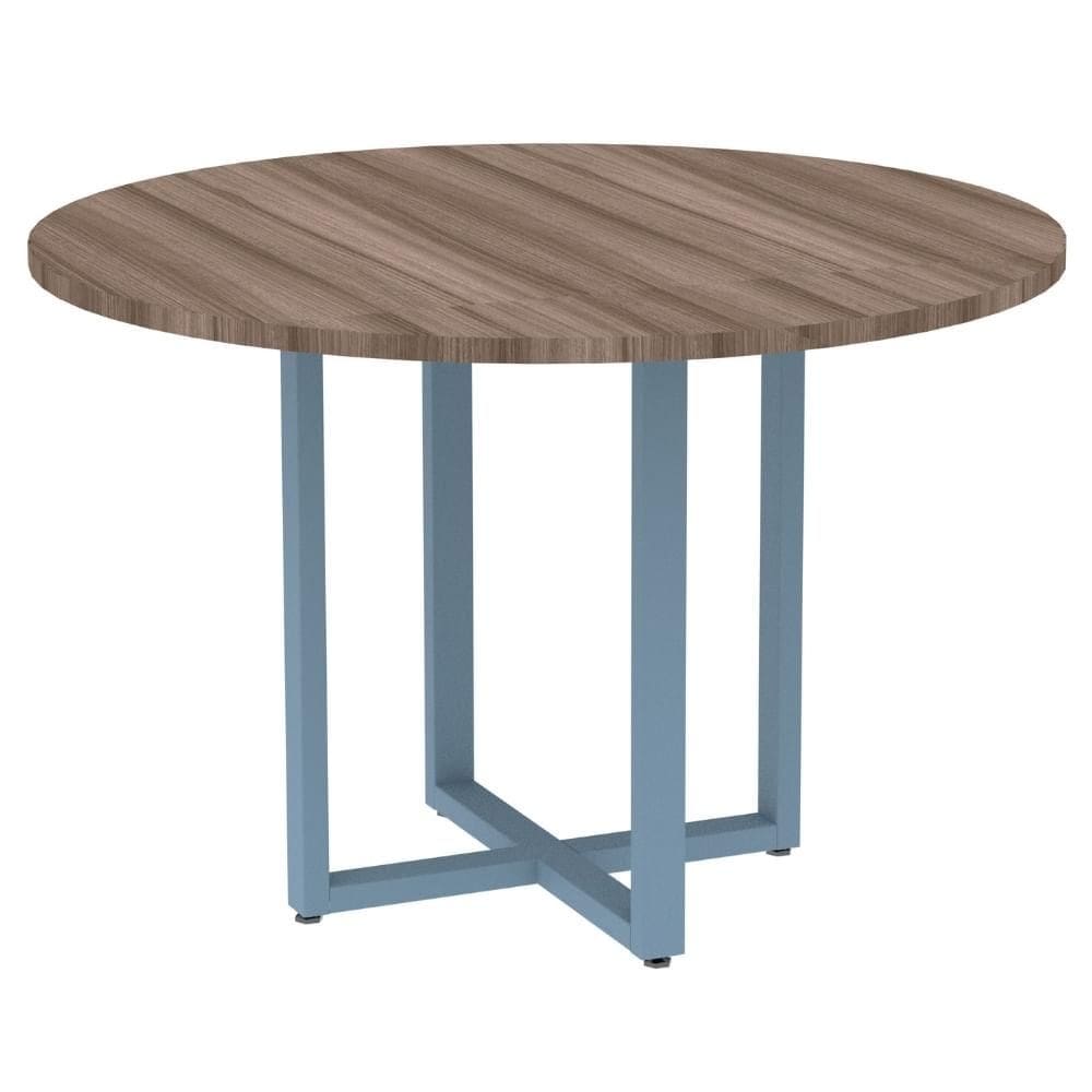 Mesa de Reunião Redonda P25 Pandin 110 cm (Largura) Tampo MDP Walnut Pé Aço Tubular Azul Dali