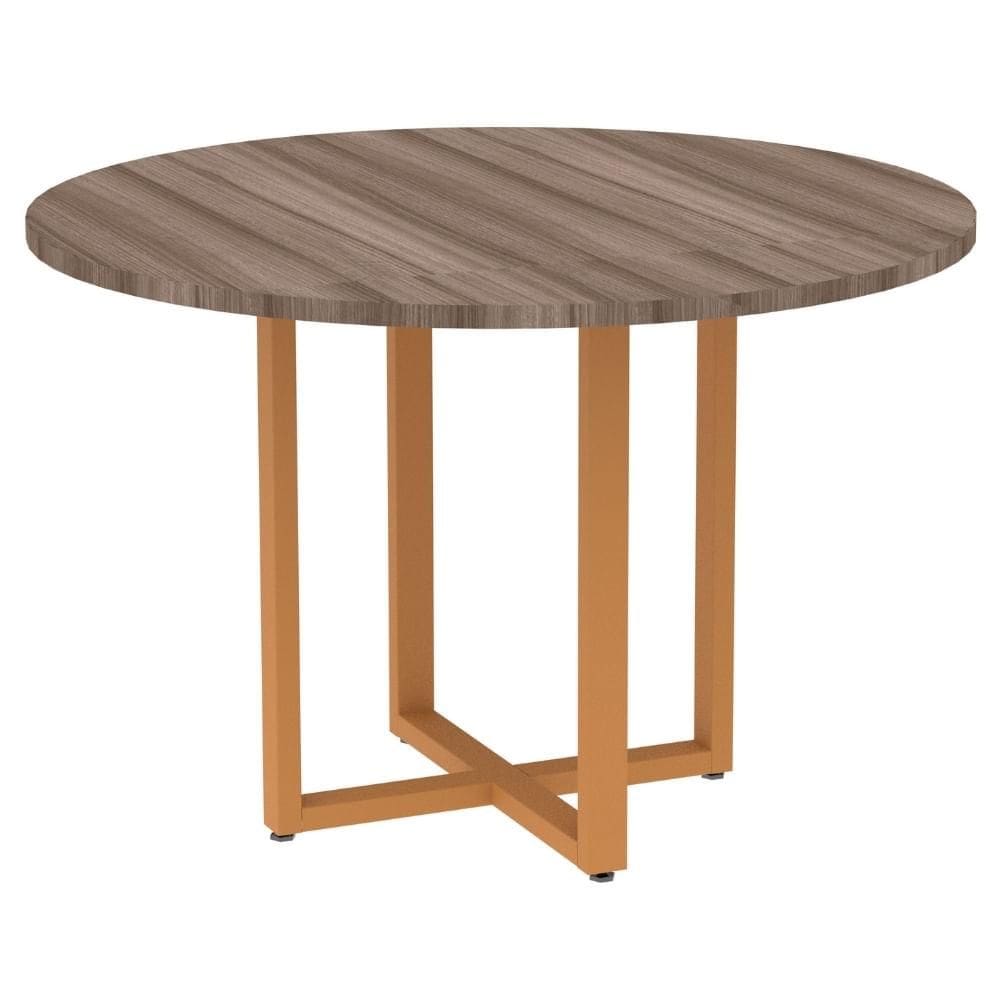 Mesa de Reunião Redonda P25 Pandin 110 cm (Largura) Tampo MDP Walnut Pé Aço Tubular Laranja