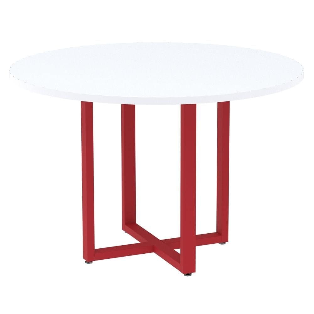 Mesa de Reunião Redonda P25 Pandin 110 cm (Largura) Tampo MDP Branco Pé Aço Tubular Vermelho