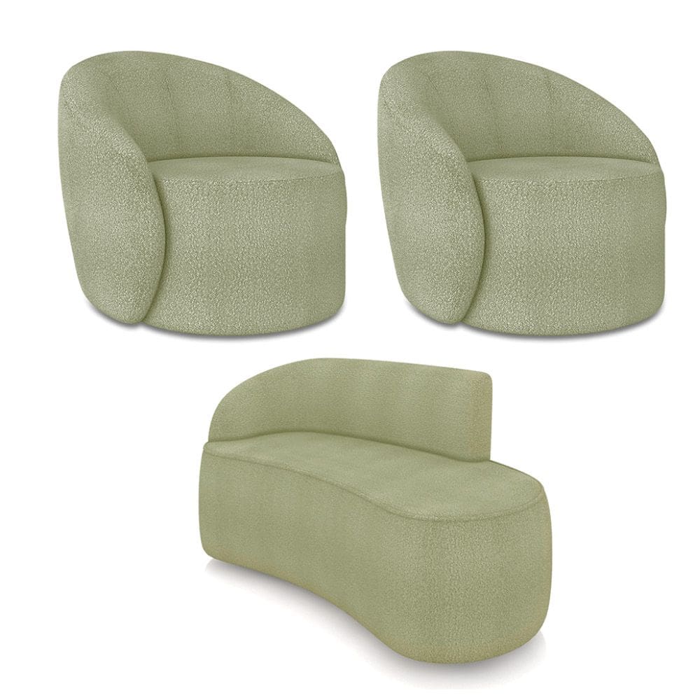 Sofá 2 Lugares Orgânico 140cm Morgan e 2 Poltronas Lua Bouclê Pistache D03 - D`Rossi