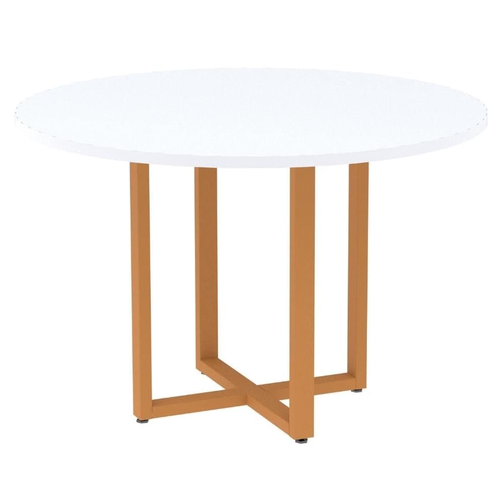 Mesa de Reunião Redonda P25 Pandin 110 cm (Largura) Tampo MDP Branco Pé Aço Tubular Laranja
