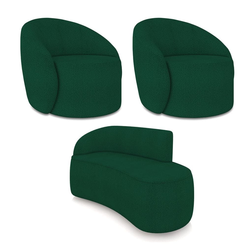 Sofá 2 Lugares Orgânico 140cm Morgan e 2 Poltronas Lua Bouclê Verde D03 - D`Rossi