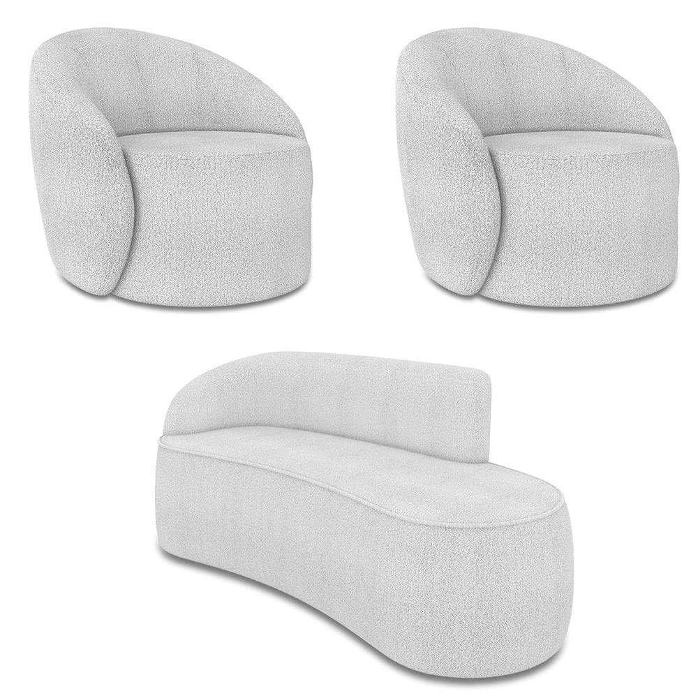 Sofá 3 Lugares Orgânico 180cm Morgan e 2 Poltronas Lua Bouclê Cinza D03 - D`Rossi