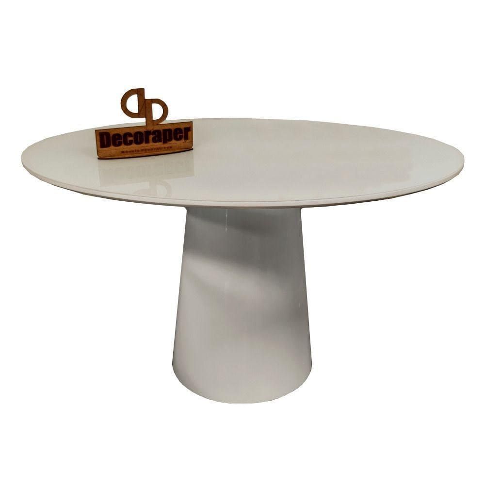 Mesa Jantar Cone Laqueado Tampo Redondo Laca Com Vidro 130cm Offwhite