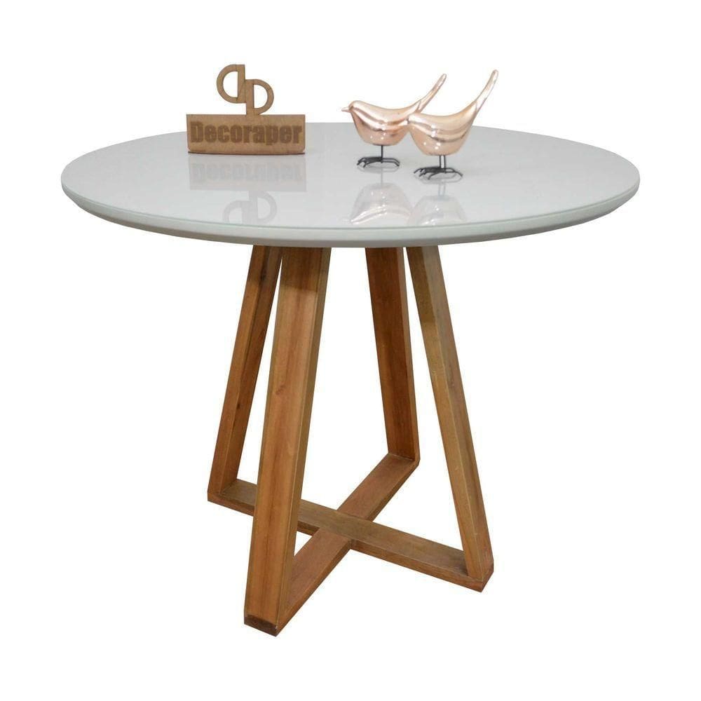 Mesa Jantar Base X Tampo Redondo Laca Com Vidro 100cm Off White