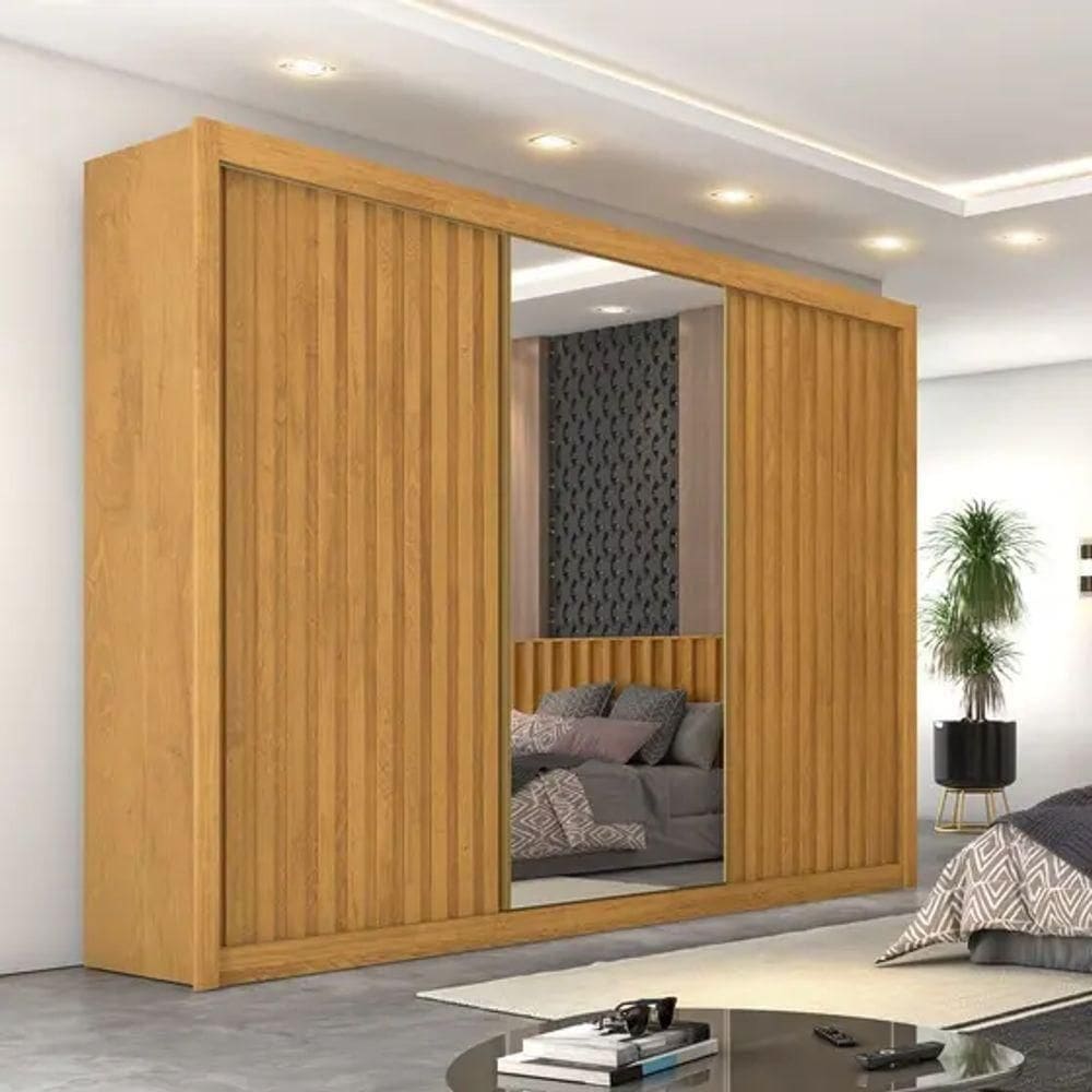 Guarda Roupa Casal Com 3 Portas De Correr E Espelho Central Ravena-peroba Móveis Europa