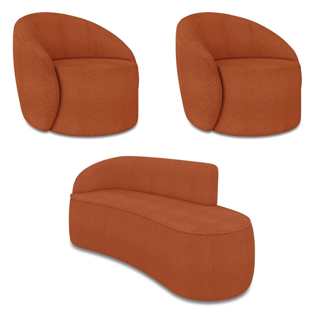 Sofá 3 Lugares Orgânico 180cm Morgan e 2 Poltronas Lua Bouclê Terracota D03 - D`Rossi