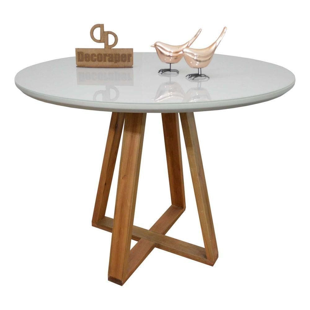 Mesa Jantar Base X Tampo Redondo Laca Com Vidro 120cm Off White