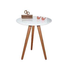 Mesa De Canto Pés Palito Amadeirado Com Tampo Vidro 60cm Branco 60cm