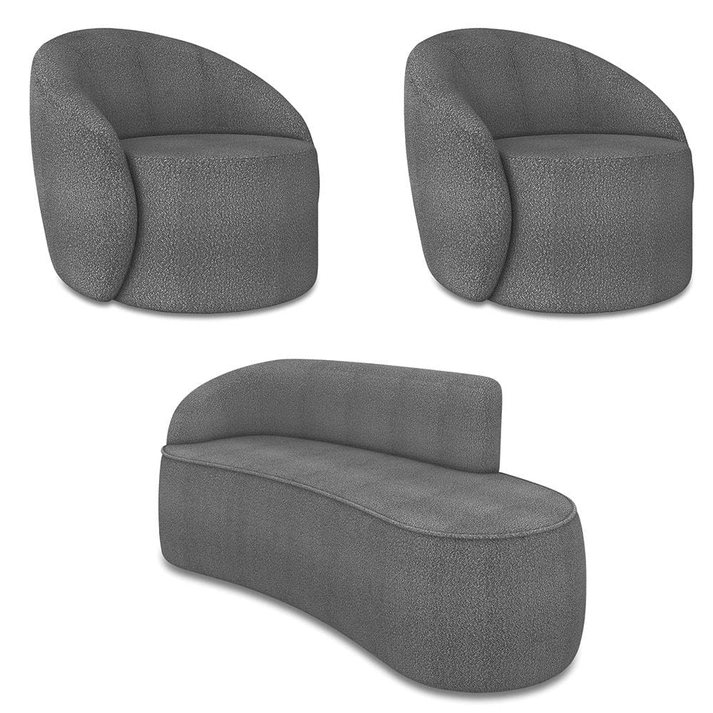 Sofá 3 Lugares Orgânico 180cm Morgan e 2 Poltronas Lua Bouclê Grafite D03 - D`Rossi