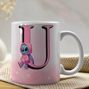 Caneca De Porcelana Stitch Letras A-z 325ml Rosa U