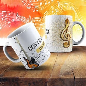 Caneca De Porcelana 325ml Com Estampa De Instrumentos Musicais Contrabaixo