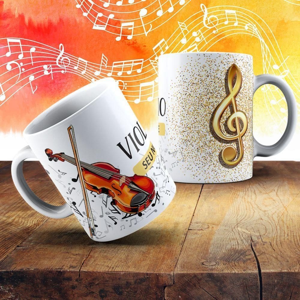 Caneca De Porcelana 325ml Com Estampa De Instrumentos Musicais Violino