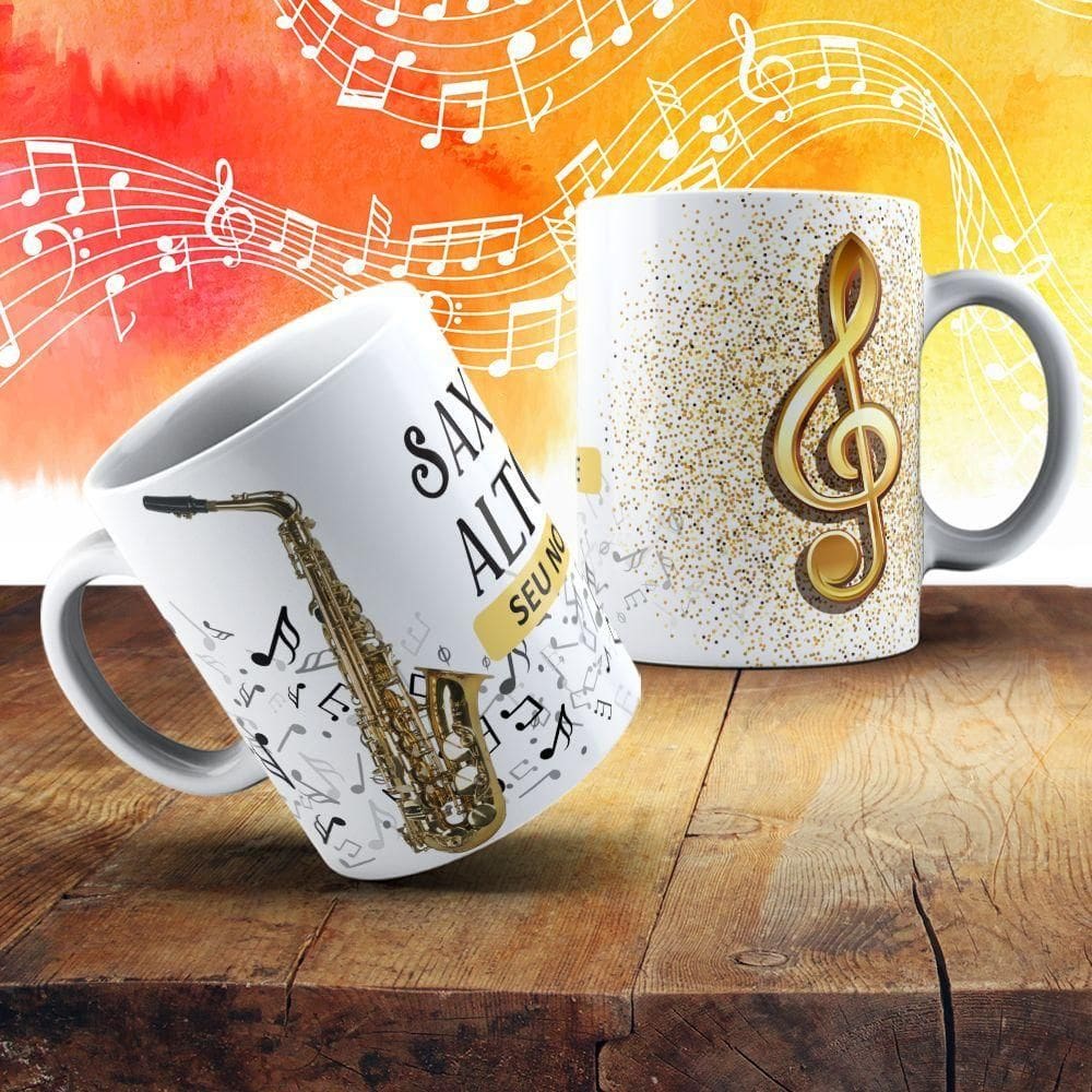 Caneca De Porcelana 325ml Com Estampa De Instrumentos Musicais Saxofone