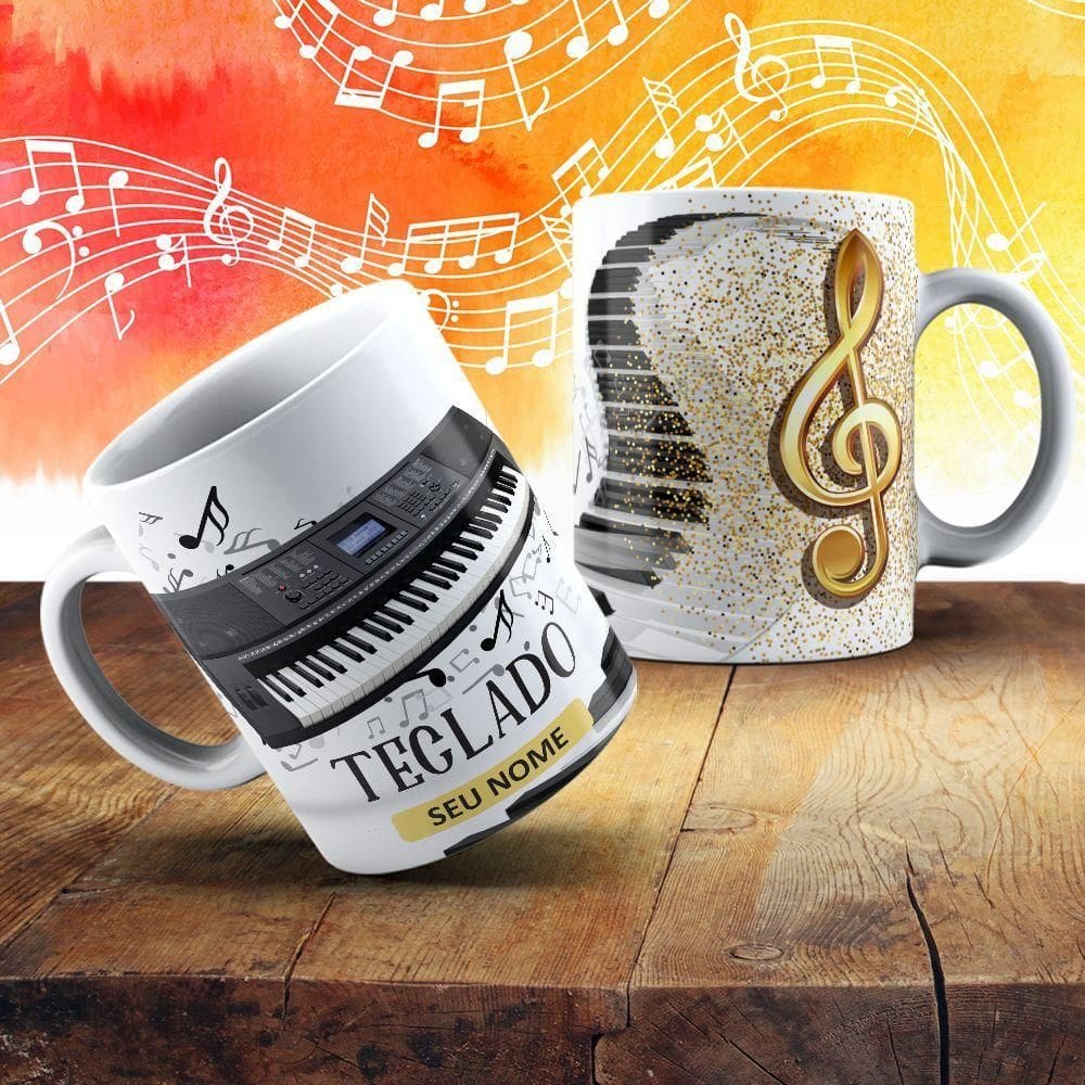Caneca De Porcelana 325ml Com Estampa De Instrumentos Musicais Teclado