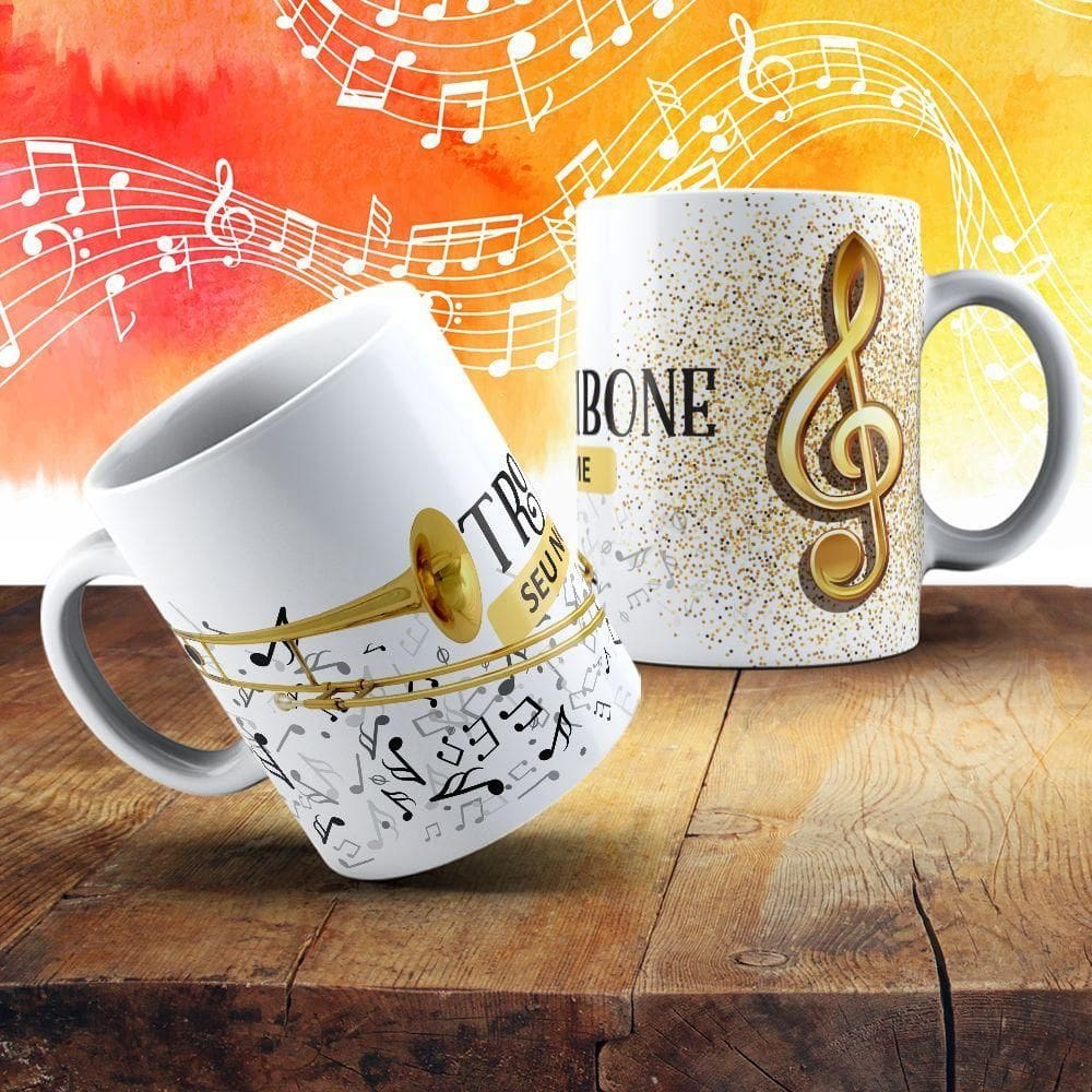 Caneca De Porcelana 325ml Com Estampa De Instrumentos Musicais Trombone